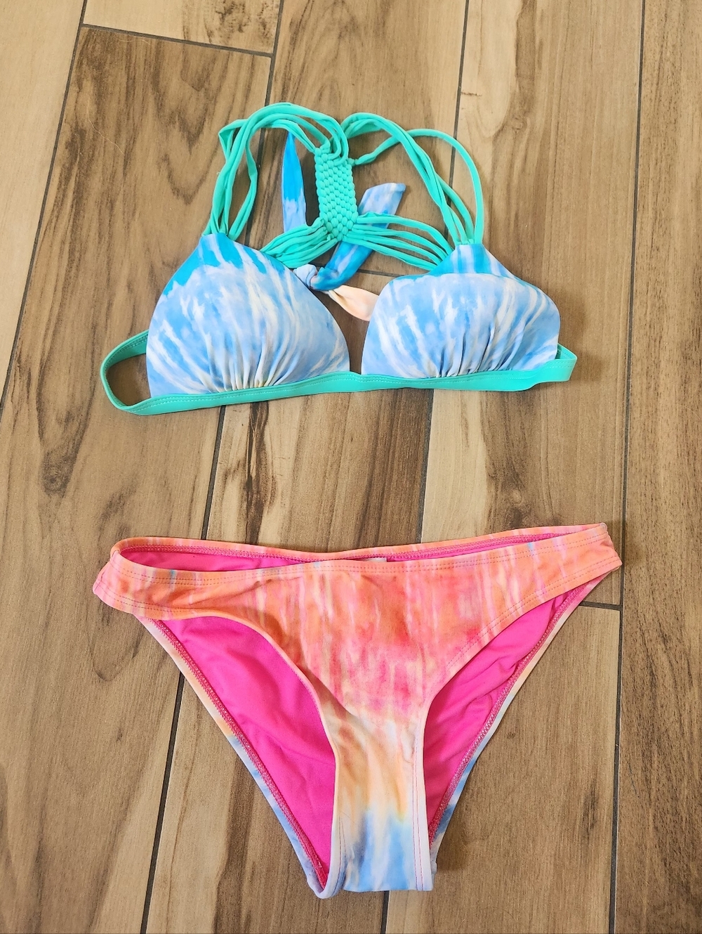 Vibrant Tie-Dye Bikini Set in Aqua & Coral Pink